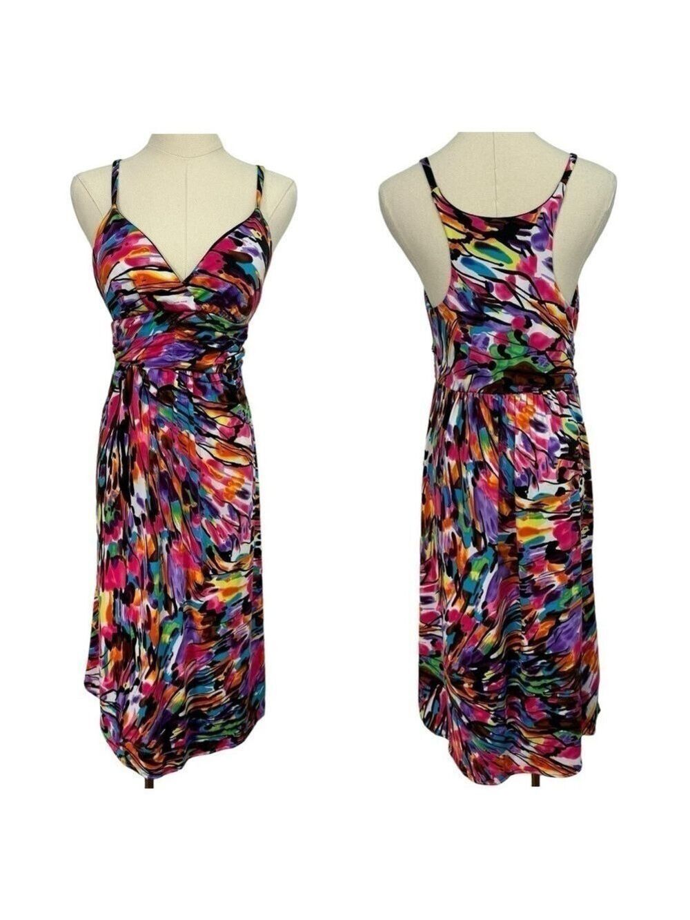 JFW Colourful Fit and Flare Dress Sz M/L Pink Paint Splatter Sexy Sundress EUC